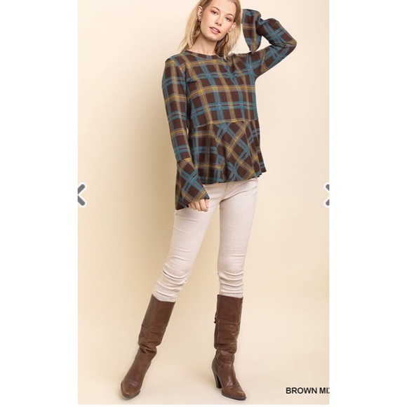 Plaid Long Trumpet Sleeve Top with a Ruffled Hem - Picture 2 of 5